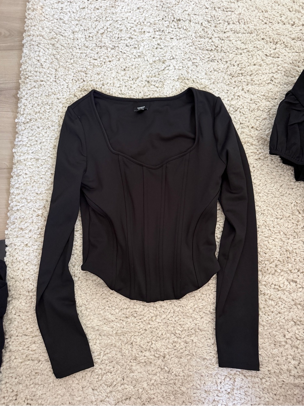Express Black Long-Sleeve Corset-Stitch Top